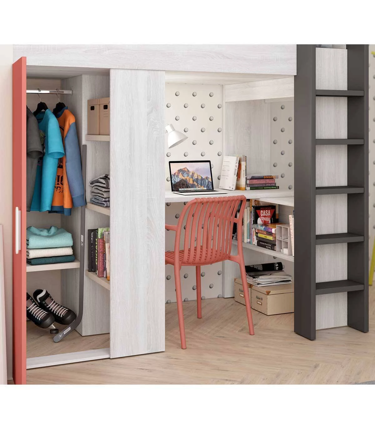Habitación juvenil con cama litera con cajones + armario y escritorio.